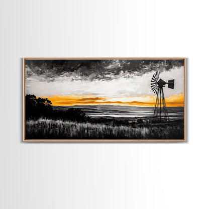 Windmill Sunset, windmill wall art, rustic decor, farmhouse art, landscape painting, extra wide art, framed canvas print, panoramic art