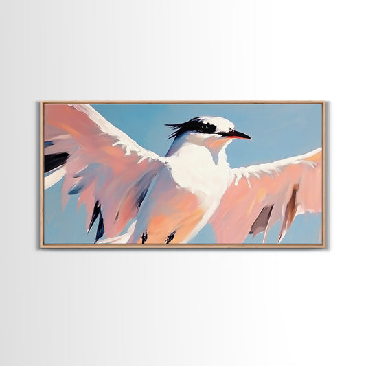 Seabird, coastal painting, nautical decor, framed canvas print, bird art, whimsical art, extra wide art, vintage Christmas, zen wall art