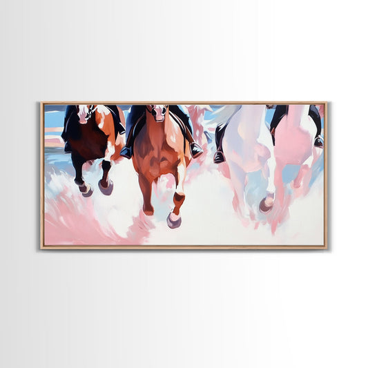 Wild Horses Running, horse wall art, rustic decor, extra wide art, panoramic painting, vintage horse art, framed canvas print