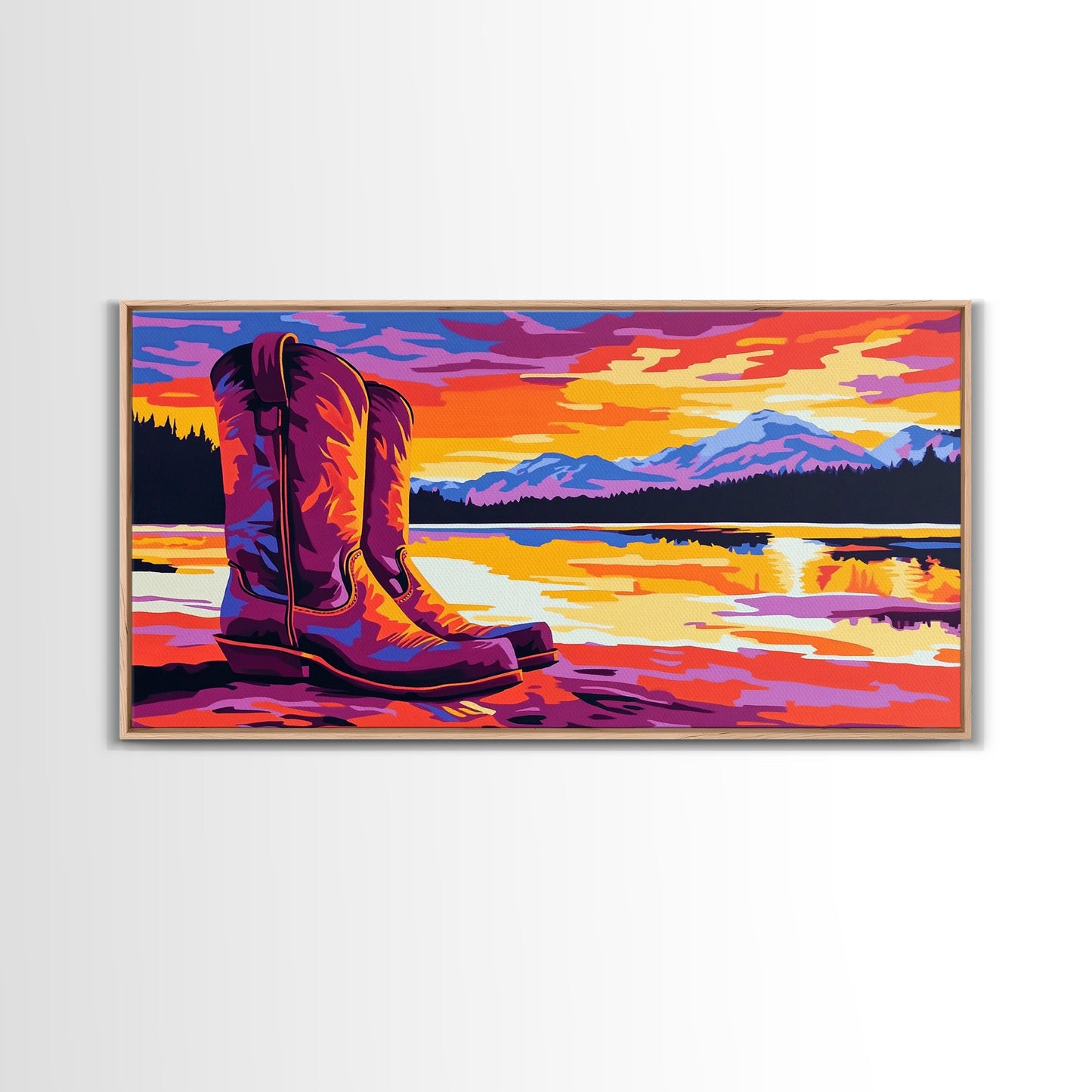 Cowboy boots, lake sunset, mountain painting, rustic western art, farmhouse decor, vibrant colors, extra wide art, canvas print