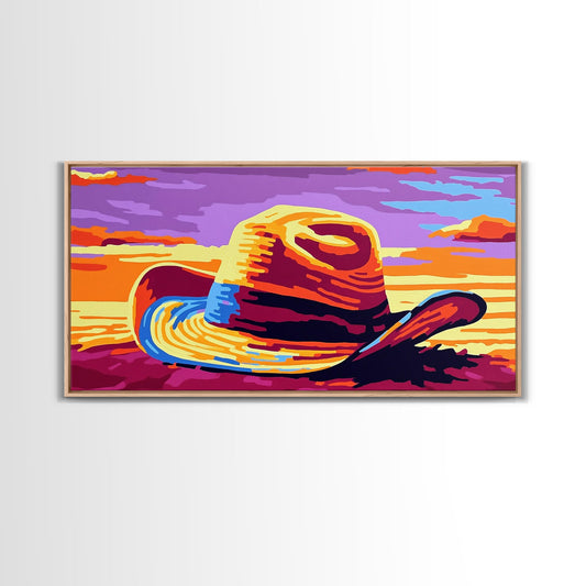 Cowboy hat, western landscape, rustic decor, sunset art, vintage cowgirl painting, pink orange wall art, framed canvas print