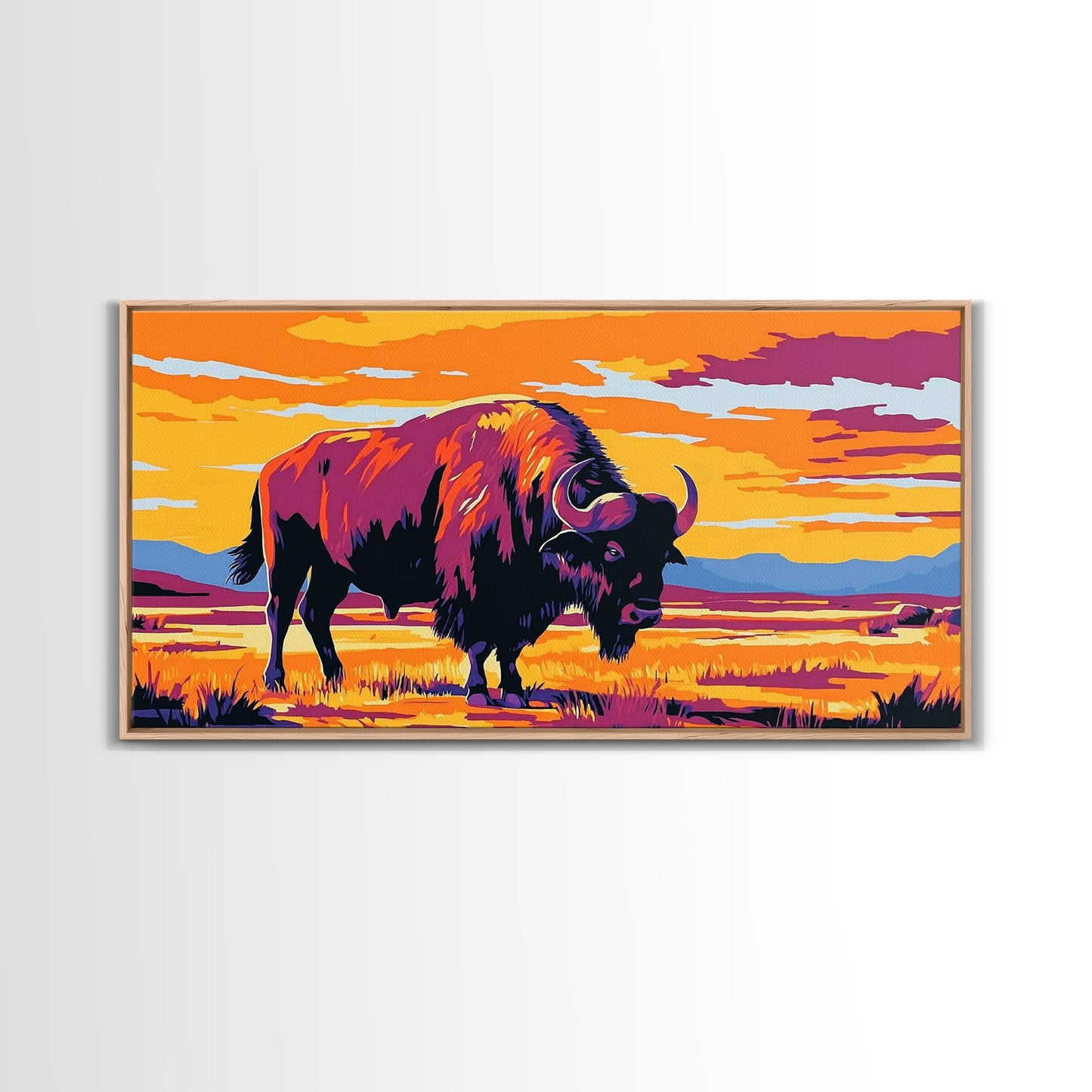 Bison Prairie, rustic art, southwest wall art, landscape painting, extra wide art, panoramic painting, farmhouse art, Framed Canvas Print