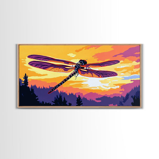 Dragonfly Glow, whimsical art, nature painting, wildflower painting, botanical prints, pink orange wall art, framed canvas print