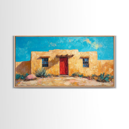 Pueblo Village, Moon Oil Painting, Southwest Wall Art, Rustic Landscape, Moody Art, Extra Wide Art, Desert Scene, Framed Canvas Print