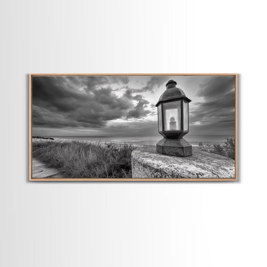 Lantern by Ocean, nautical decor, moody art, lighthouse painting, coastal painting, vintage seascape, dramatic sky, Canvas Print