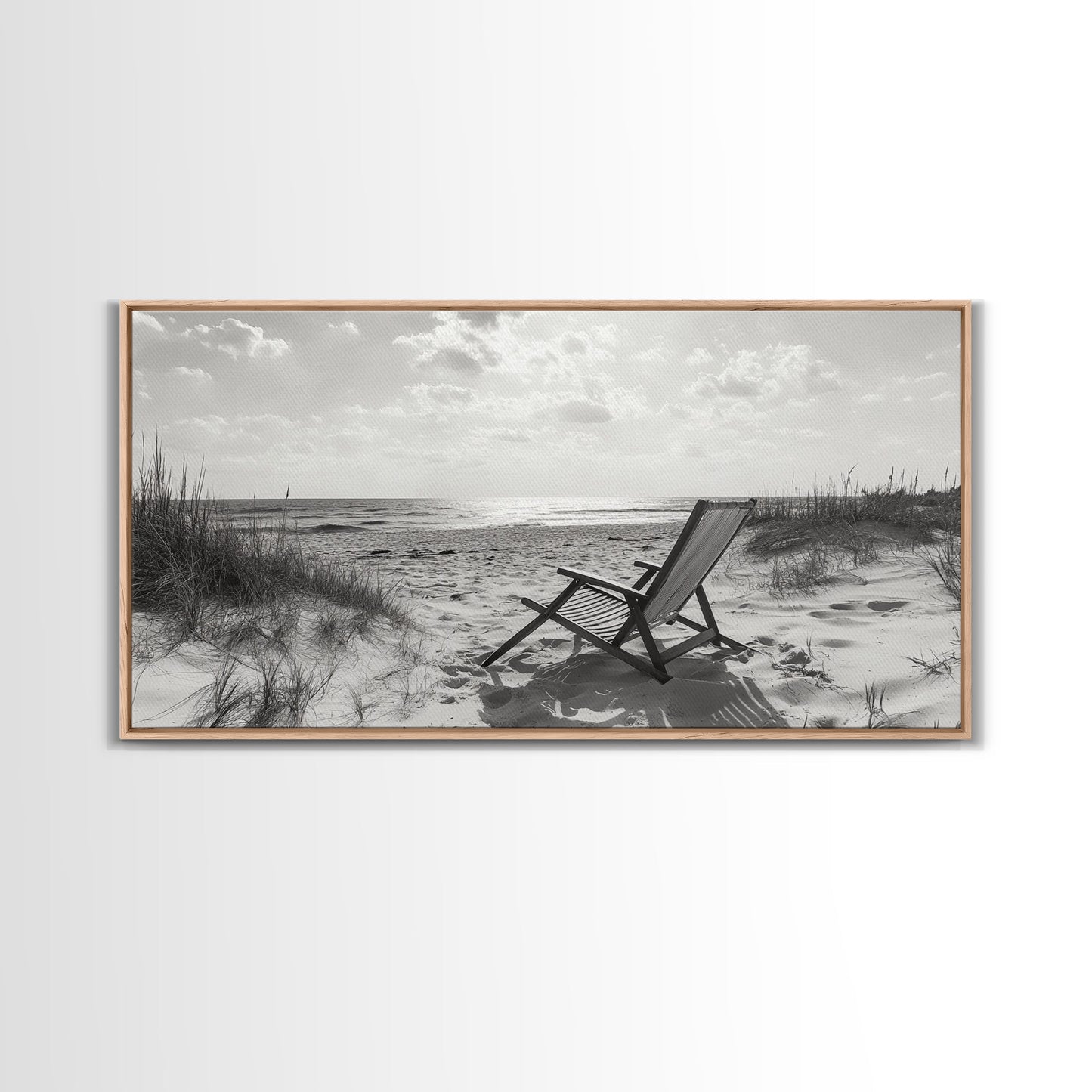Beach Chair, Coastal Landscape Art, Minimalist Art, Wabi Sabi Art, Ocean View Print, Relaxing Decor, Framed Canvas Print, Nautical Wall Art