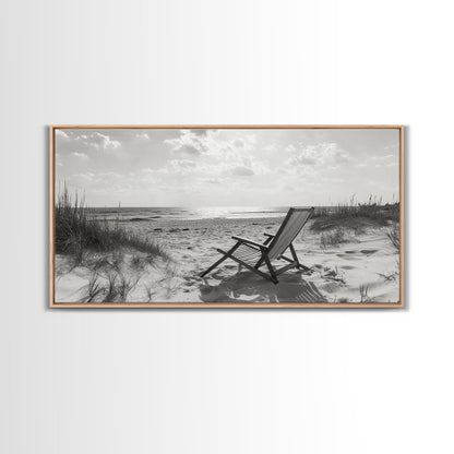Beach Chair, Coastal Landscape Art, Minimalist Art, Wabi Sabi Art, Ocean View Print, Relaxing Decor, Framed Canvas Print, Nautical Wall Art