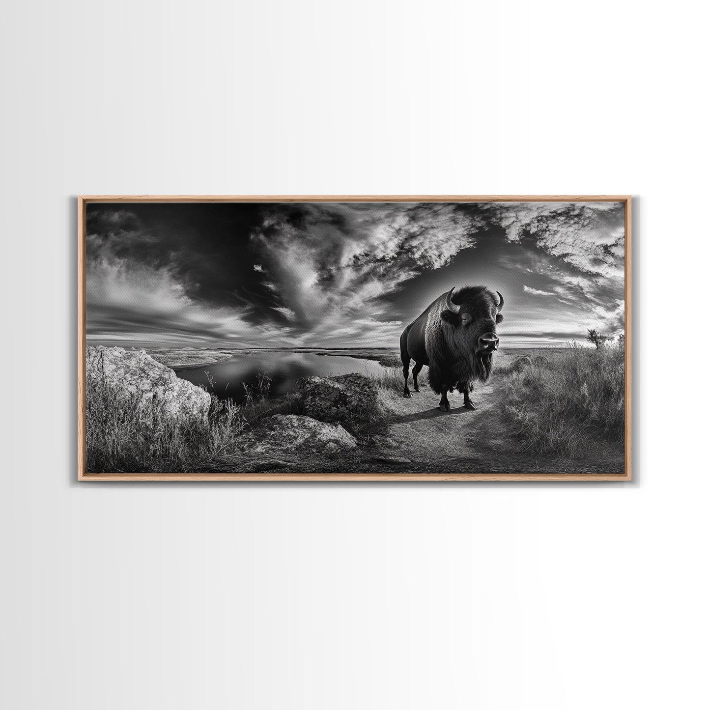 Bison Landscape, Southwest Wall Art, Rustic Wall Art, Moody Art, Panoramic Art, Extra Wide Art, Nature Wall Art, Framed Canvas Print