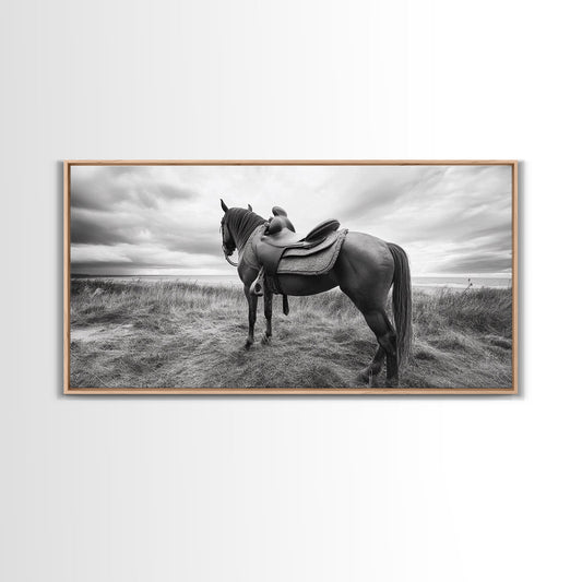 Saddle Horse, vintage horse art, equestrian painting, rustic decor, country farmhouse wall art, panoramic painting, Canvas Print