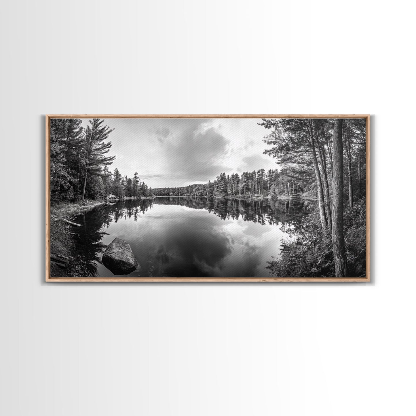 Lake reflection, pine tree art, landscape painting, wabi sabi art, rustic decor, panoramic painting, extra wide art, framed canvas print