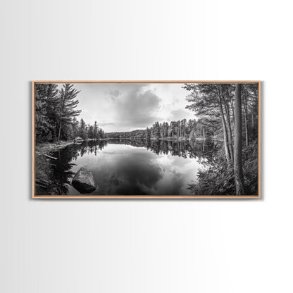 Lake reflection, pine tree art, landscape painting, wabi sabi art, rustic decor, panoramic painting, extra wide art, framed canvas print
