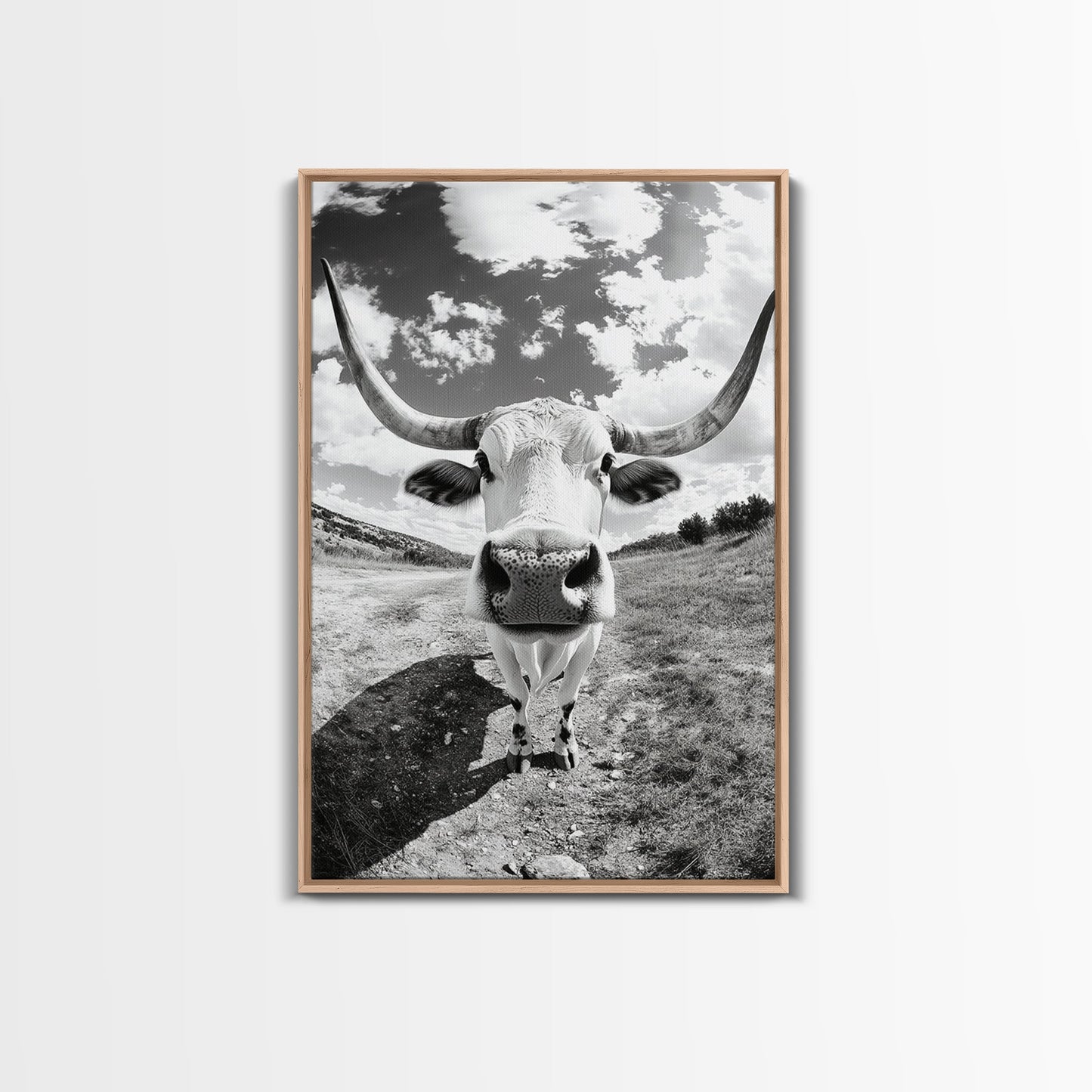 Texas Longhorn Close-up, bull and bear art, western decor, farmhouse art, rustic wall art, cowboy painting, framed canvas print