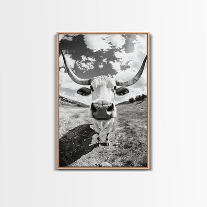 Texas Longhorn Close-up, bull and bear art, western decor, farmhouse art, rustic wall art, cowboy painting, framed canvas print