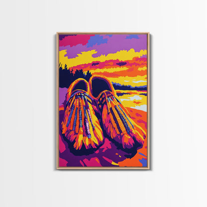 Beaded Moccasins Art, Southwest Wall Art, Pink Orange Wall Art, Boho Western Art, Framed Canvas Print, Rustic Home Decor