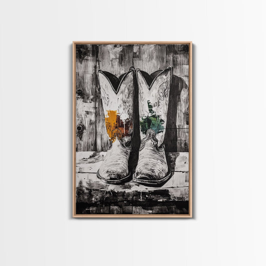 Western Boots, rustic decor, vintage Christmas, farmhouse art, black and white art, southwest wall art, framed canvas print, gift idea