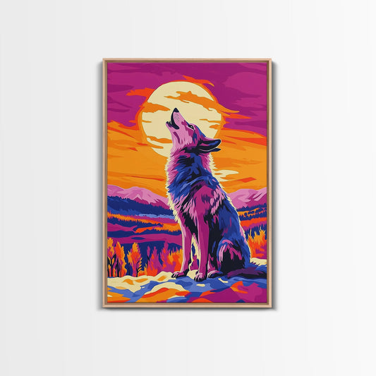 Colorful Wolf, moonlit night, neon colors, modern wall art, moody art, whimsical decor, framed canvas print, pink orange wall art