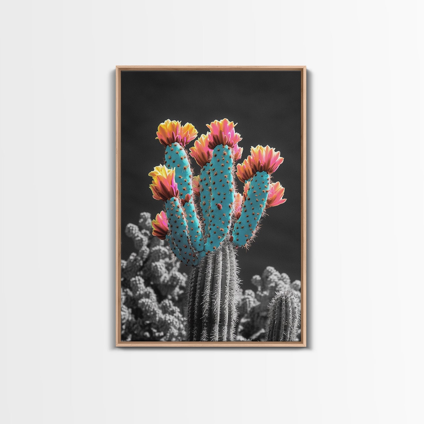 Cactus, desert flowers, vibrant nature art, framed canvas print, boho wall decor, southwest wall art, floral painting, Joshua tree art