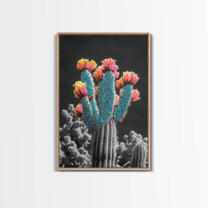 Cactus, desert flowers, vibrant nature art, framed canvas print, boho wall decor, southwest wall art, floral painting, Joshua tree art