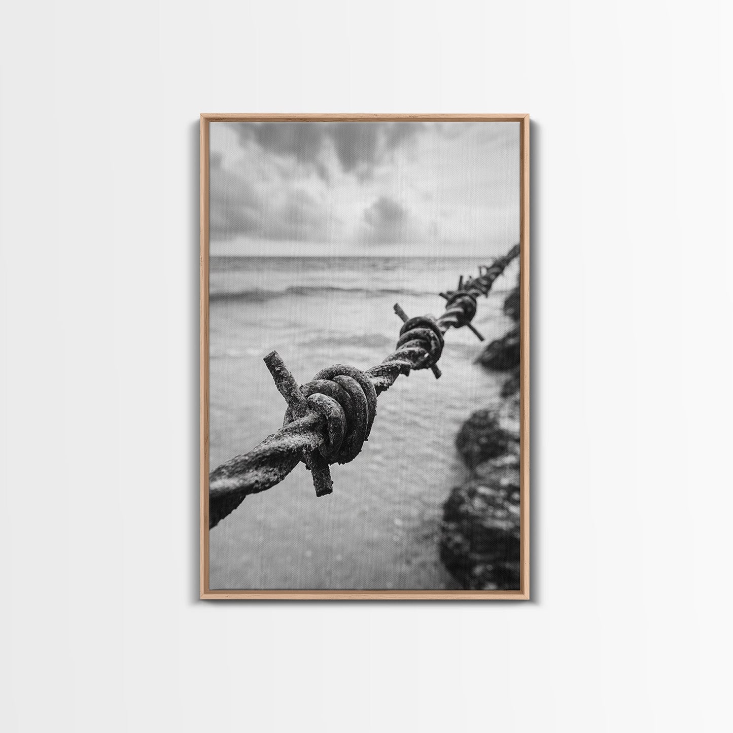 Barbed Wire, ocean view, rustic decor, coastal cowgirl wall art, wabi sabi art, moody photography, framed canvas print, minimalist art