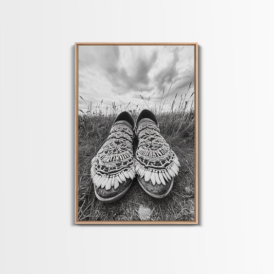 Beaded Boots, western decor, vintage horse art, rustic cowgirl, Joshua tree art, framed canvas print, minimalist black and white, moody art