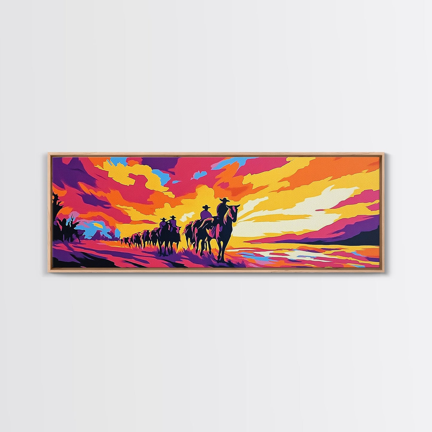 Cowboy Trail, sunset painting, southwest wall art, western decor, gift idea, extra wide art, panoramic painting, canvas print, rustic art