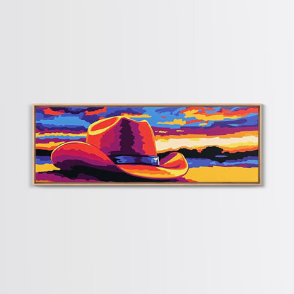 Western Sunset Art, cowboy hat painting, rustic wall art, southwest wall art, extra wide art, framed canvas print, panoramic painting