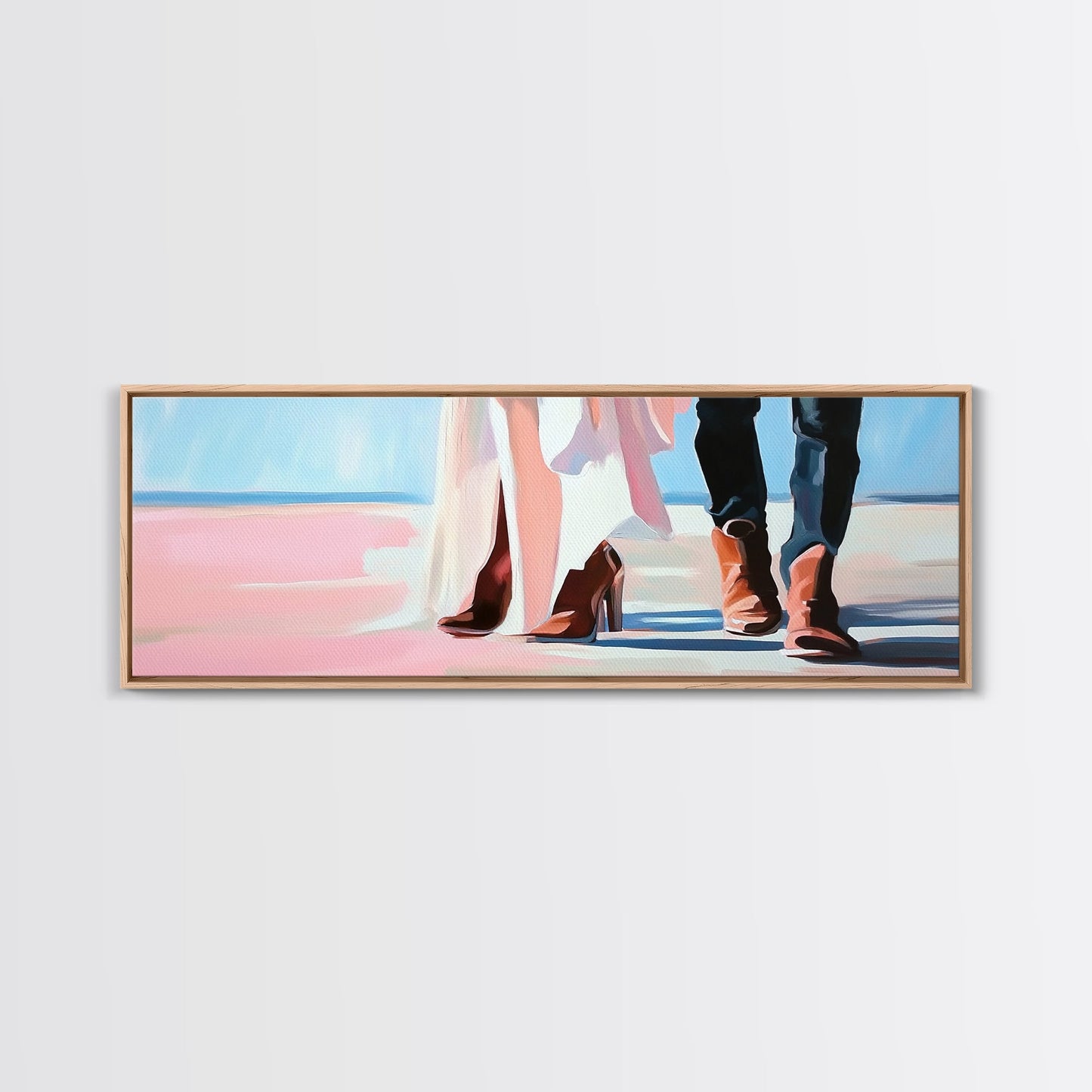 Beach Wedding Art, cowboy boots painting, coastal decor, coastal cowgirl wall art, extra wide art, framed canvas print, horizontal wall art