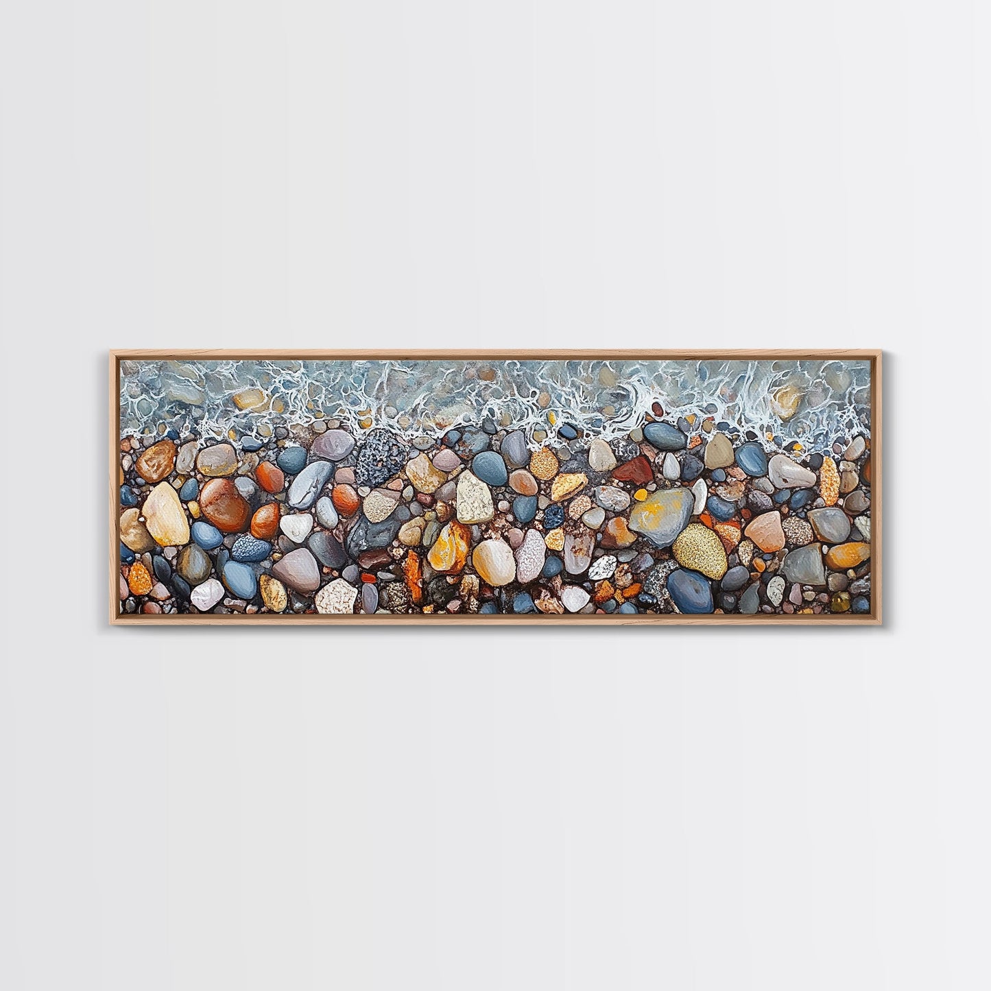 Coastal decor, ocean pebble art, beach rock painting, nautical wall art, seascape painting, long narrow wall art, canvas print