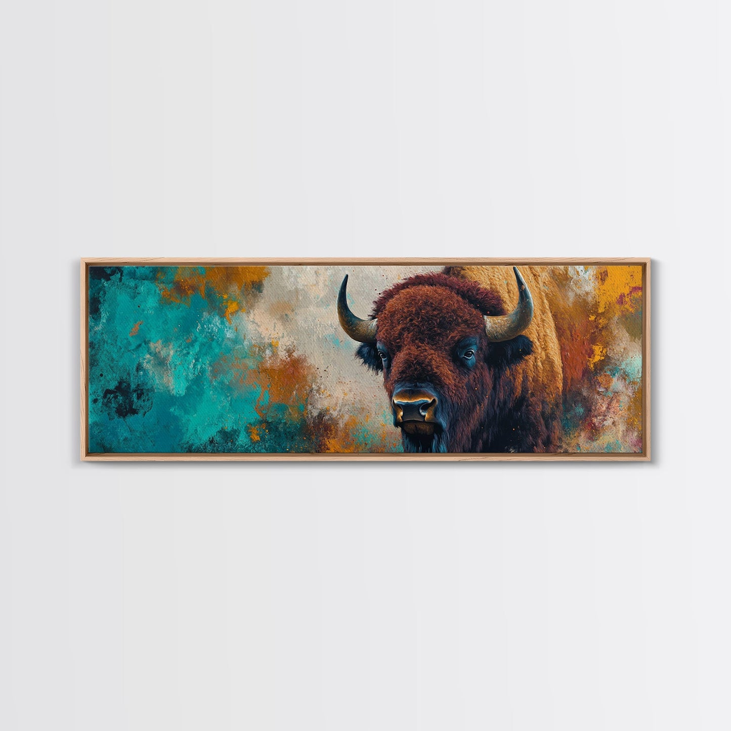 Bold bison painting, teal and orange art, rustic wall art, farmhouse decor, boho art, extra wide western painting, canvas print