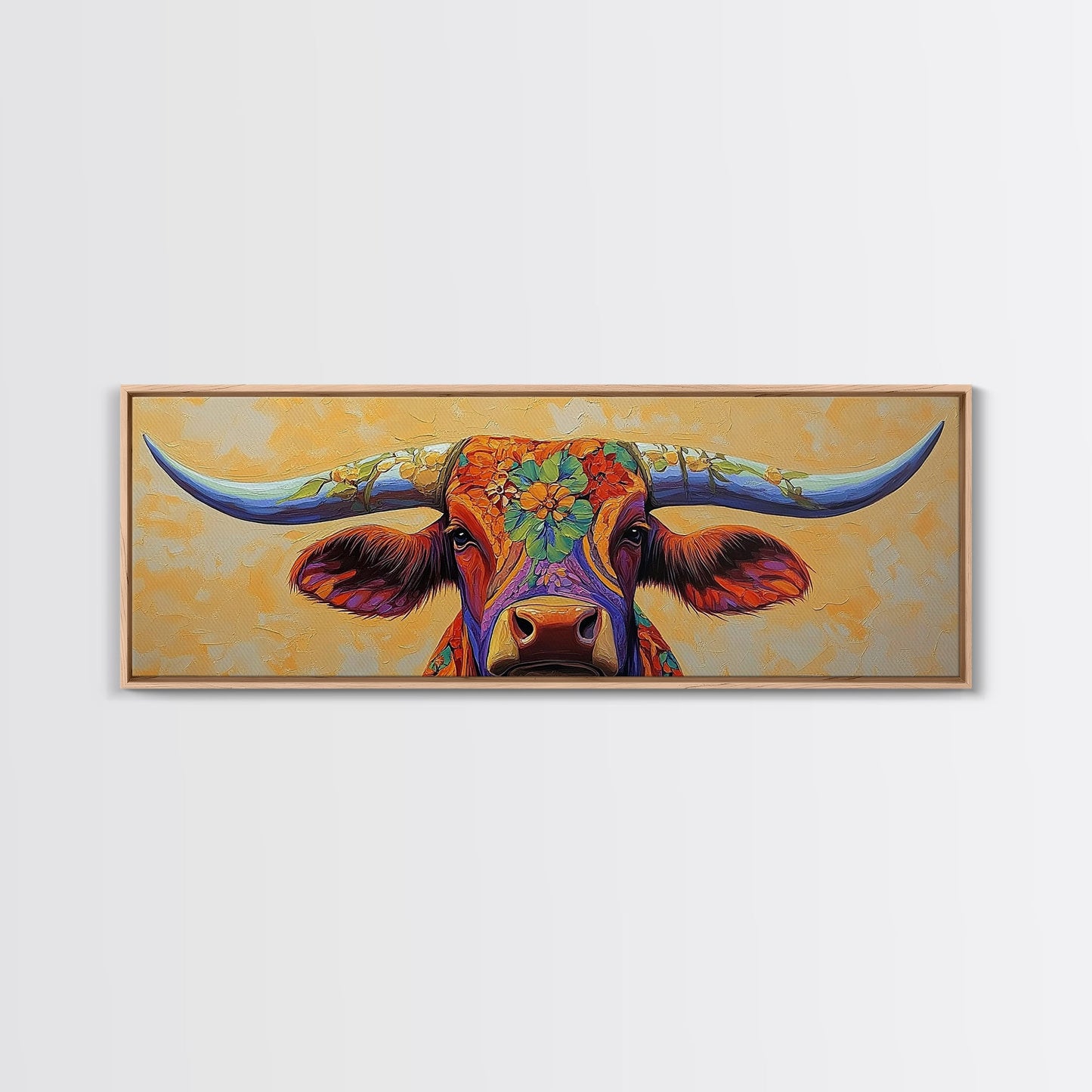 Floral Longhorn Art, Southwestern Wall Art, Texas Cow Art, Rustic Farmhouse Decor, Boho Art, Framed Canvas Print, Moody Art