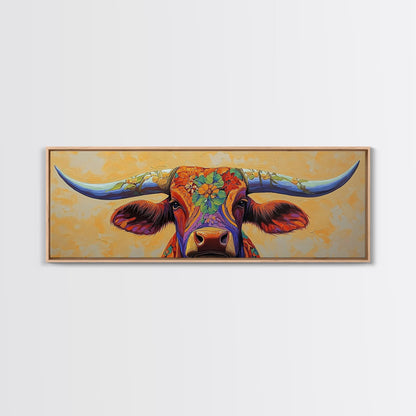 Floral Longhorn Art, Southwestern Wall Art, Texas Cow Art, Rustic Farmhouse Decor, Boho Art, Framed Canvas Print, Moody Art