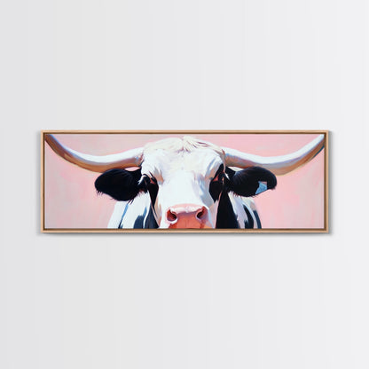 Black and White Cow Art, Light Pink Wall Art, Southwest Wall Art, Coastal Cowgirl Wall Art, Framed Canvas Print, Rustic Decor