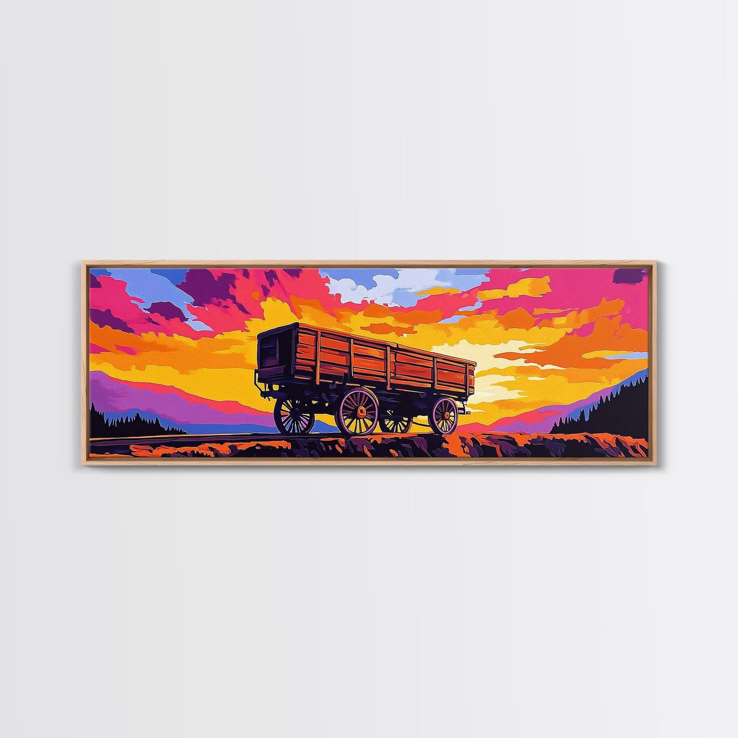 Sunset wagon, pink orange wall art, southwest wall art, geometric wall art, boho art, panoramic painting, framed canvas print, rustic decor