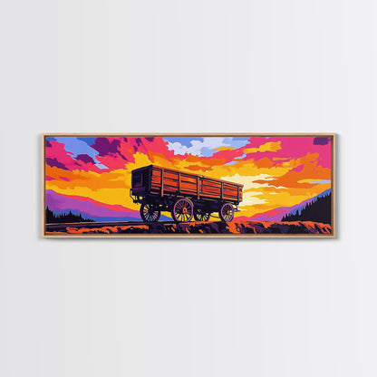Sunset wagon, pink orange wall art, southwest wall art, geometric wall art, boho art, panoramic painting, framed canvas print, rustic decor