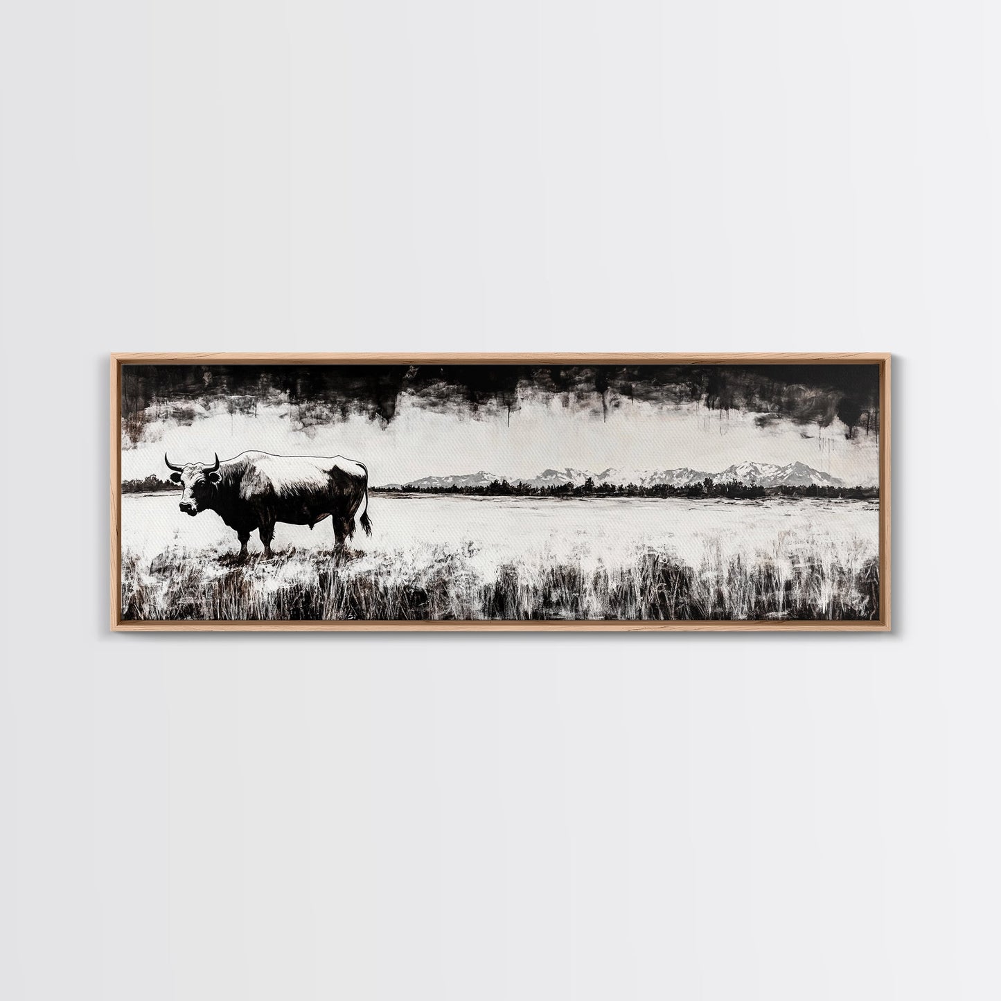 Bull and bear art, black and white painting, rustic wall art, farmhouse decor, extra wide art, framed canvas print, moody art, landscape painting
