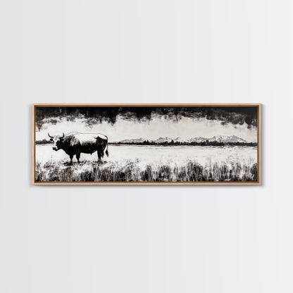Bull and bear art, black and white painting, rustic wall art, farmhouse decor, extra wide art, framed canvas print, moody art, landscape painting