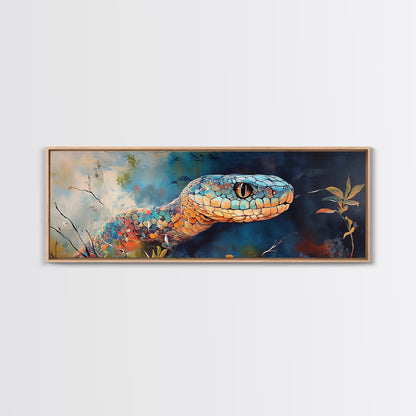 Vibrant Snake Painting, reptile wall art, wildlife decor, moody art, sacred geometry wall art, framed canvas print, extra wide art