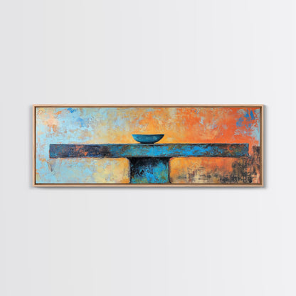 Blaue Schale, minimalistische Kunst, Wabi-Sabi-Kunst, extra breites Kunstwerk, gerahmter Leinwanddruck, salbeigrünes Wandbild, horizontales Wandbild, Therapiekunst