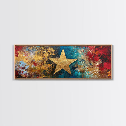 Goldener Stern, abstrakte Kunst, kräftige Farben, strukturierte Wandkunst, gerahmter Leinwanddruck, Mosaik-Wandkunst, extra breite Kunst, Kunst über dem Sofa