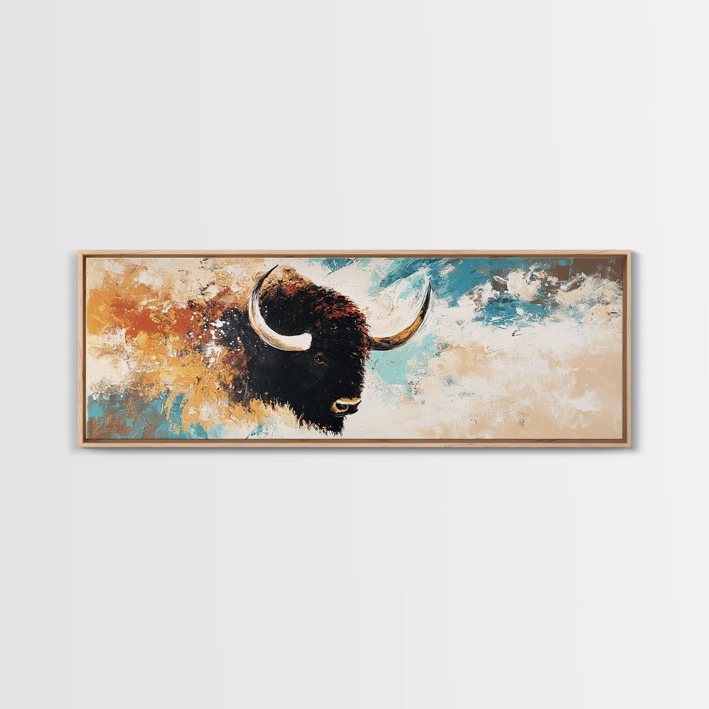 Black and White Buffalo, western wall art, rustic decor, extra wide art, moody art, minimalist painting, framed canvas print, farmhouse art