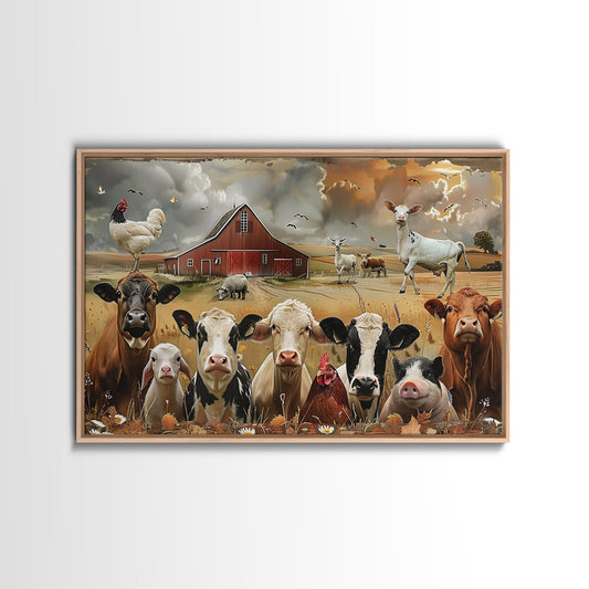 Kitsch Farmhouse Wall Art, Cute Farm Animals On A Fence, Cow Art, Pig Print, Red Barn Wall Art, Wood Framed Art