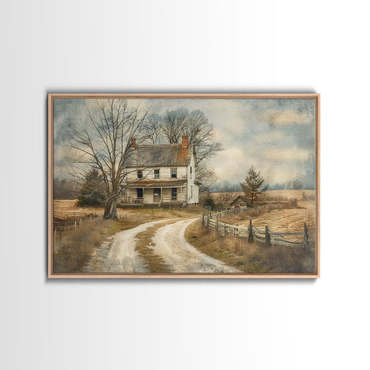 Old Country Roads Framed Wall Art Canvas Print, Water Color Painting Of A Rustic Cottage, Texas Decor, Southwest Wall Art