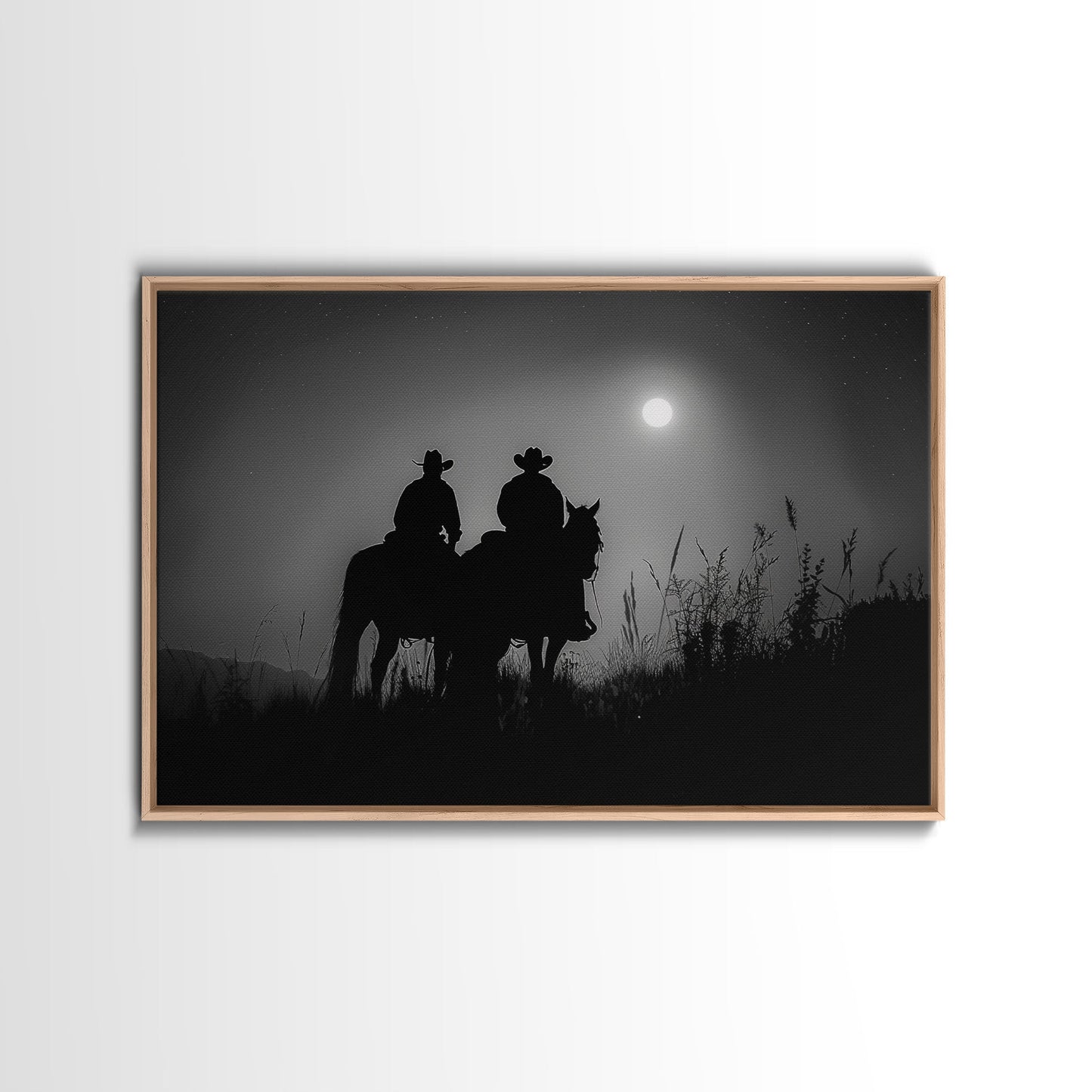Cowboys Under A Full Moon, Framed Canvas Print, Black and White Western Photography, Wild West Art, Western Decor, Farmhouse Country Art