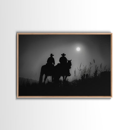 Cowboys Under A Full Moon, Framed Canvas Print, Black and White Western Photography, Wild West Art, Western Decor, Farmhouse Country Art