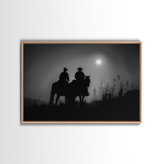 Cowboys Under A Full Moon, Framed Canvas Print, Black and White Western Photography, Wild West Art, Western Decor, Farmhouse Country Art