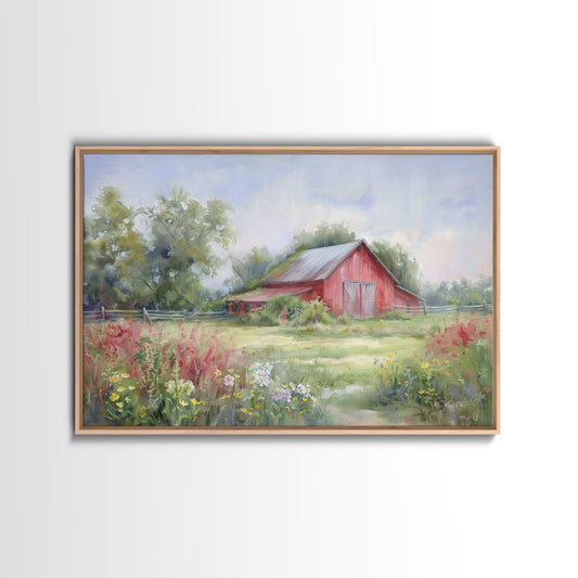 Old Red Barn Rustic Art, Framed Canvas Print Of An Original Art Watercolor Painting, Cottage Core Decor, Whimsical Kitsch Living Room Art
