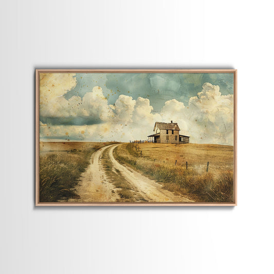 Blue Skies and Country Roads Framed Canvas Print, Country Decor, Cottagecore Wall Art, Wood Frame Art, Metal Art, Original Art