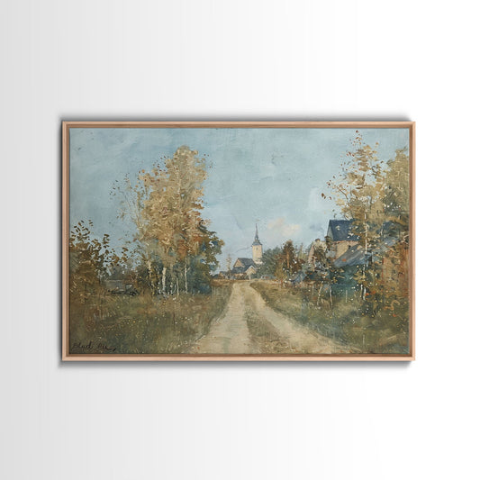 Old Country Road Leading To a Church, Framed Canvas Print, Unique Wall Art, One Of A Kind, folk art, Rustic Farmhouse