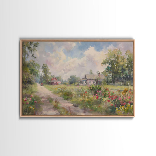 Kitsch Minimalist Watercolor Painting Print Of an Old Country Road, Wood Framed Print, Metal Wall Art, Room Decor, Aesthetic Room Decor