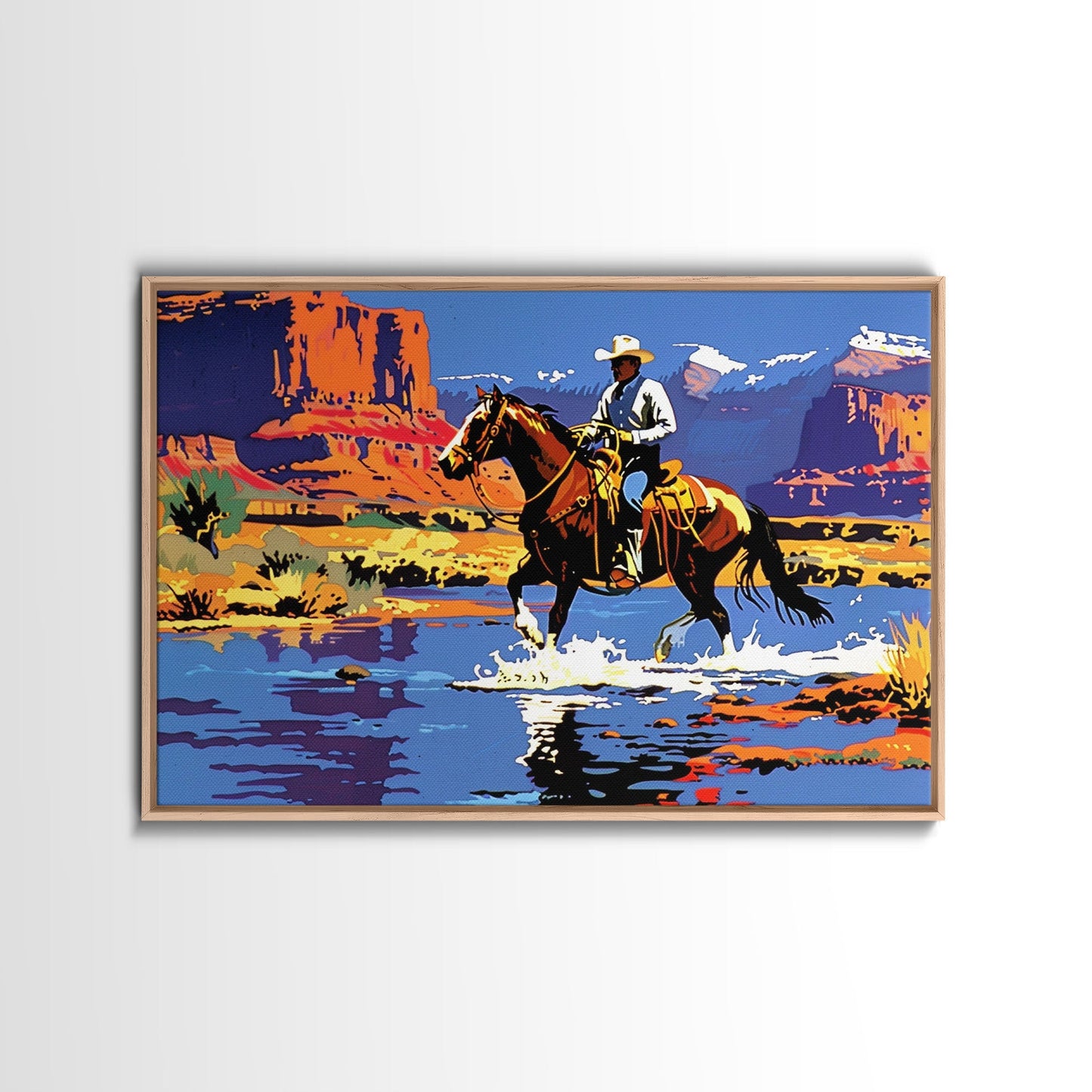 Crossing The Colorado River, Framed Canvas Print, Kitsch Western Wall Art, Colorful Western Painting Original Artwork, Pop Art Painting